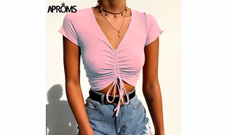 Aproms Sexy V Neck Cropped Tank Tops Women Drawstring Tie Up Front Camis Candy Colors Streetwear Slim Fit Ribbed Crop Top 2020
