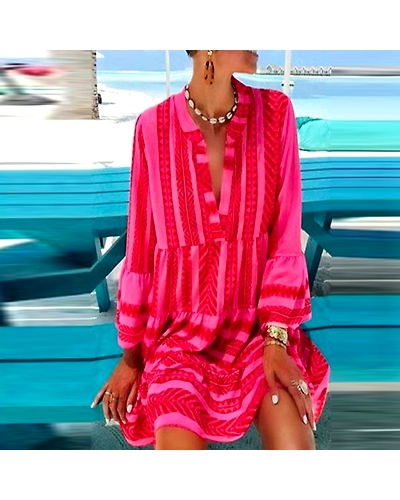 V-Neck Bohemain Dresses Women Summer Short Sleeve Striped Mini Dress Party Short Beach Dress Casual Loose Sundress Female Dress-4000764560259