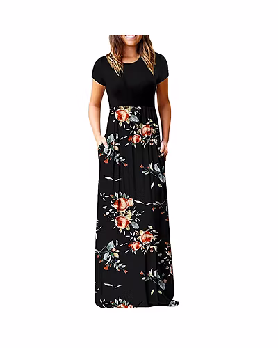 Womens Casual Sleeve O-neck Print Maxi Tank Long Dress plus size Polyester Summer Dress #YL5-33047913377