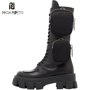 Prova Perfetto 2020 Pocket Motorcycle Boots Women Platform Shoes Lace Up Thick-soled Black Shoes Woman Half Botas de Mujer