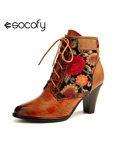 SOCOFY Retro Genuine Boots Women Leather Embossed Embroidery Stitching Lace Up High Heel Boots Shoes Women Elegant Shoes 2020-4000109925179