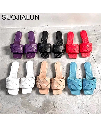 SUOJIALUN 2020 New Brand Slippers Weave Leather Women Sandal Open Toe Flat Casual Slides Summer Outdoor Beach Female Flip Flops-4000598788376