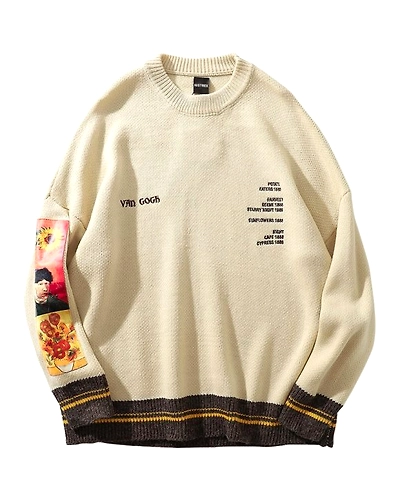 Men Sweater 100% Cotton Hip Hop Pullover Streetwear Van Gogh Painting Embroidery Knitted Retro Vintage Autumn Wool Sweaters Mens-4000530825272