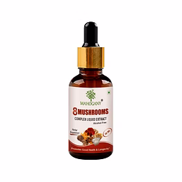 mahogany 8 mushrooms complex liquid extract 30ml- combined extracts of reishi, lion's mane, turkey tail, chaga, cordyceps, shiitake, maitake & oyster mushrooms