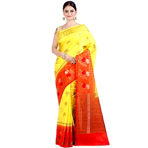 Chandrakala Women's Yellow Cotton Linen Blend Banarasi Saree,Free Size(1303YEL)