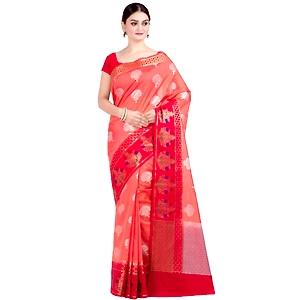 Chandrakala Women's Peach Kataan Silk Blend Banarasi Saree,Free Size(1305PEA)