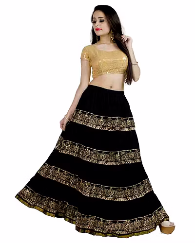 Chadrakala Women&#039;s Rayon Cotton Indian Crushed Flaire Long Maxi Skirt Gold Block Print,Free Size, Black (S101BLA)-CK114