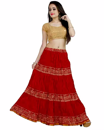 Chadrakala Women&#039;s Rayon Cotton Indian Crushed Flaire Long Maxi Skirt Gold Block Print,Free Size, Red (S101RED)-CK115