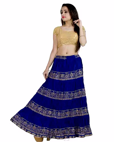 Chadrakala Women&#039;s Rayon Cotton Indian Crushed Flaire Long Maxi Skirt Gold Block Print,Free Size, Blue (S101BLU)-CK117