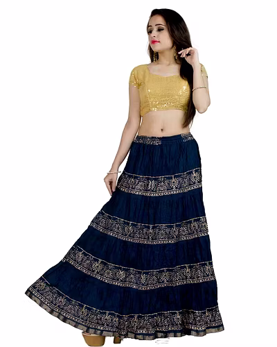 Chadrakala Women&#039;s Rayon Cotton Indian Crushed Flaire Long Maxi Skirt Gold Block Print,Free Size, Navy Blue (S101NAV)-CK118