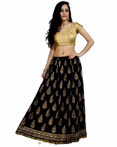 Chadrakala Women&#039;s Rayon Cotton Indian Crushed Flaire Long Maxi Skirt Gold Block Print,Free Size, Black (S102BLA)-CK119