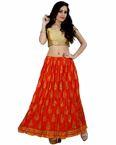 Chadrakala Women&#039;s Rayon Cotton Indian Crushed Flaire Long Maxi Skirt Gold Block Print,Free Size, Orange (S102ORA)-CK120