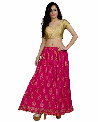Chadrakala Women&#039;s Rayon Cotton Indian Crushed Flaire Long Maxi Skirt Gold Block Print,Free Size Pink (S102PIN)-CK121