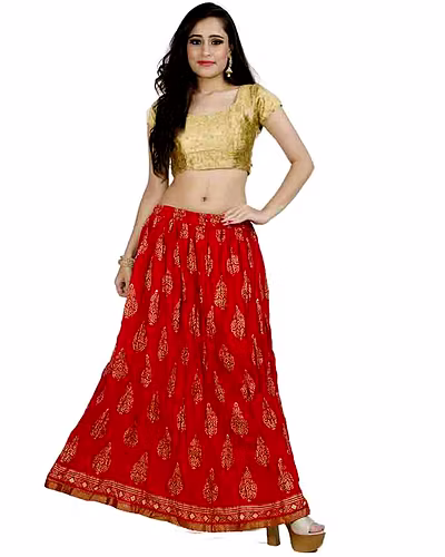 Chadrakala Women&#039;s Rayon Cotton Indian Crushed Flaire Long Maxi Skirt Gold Block Print,Free Size, Red (S102RED)-CK123