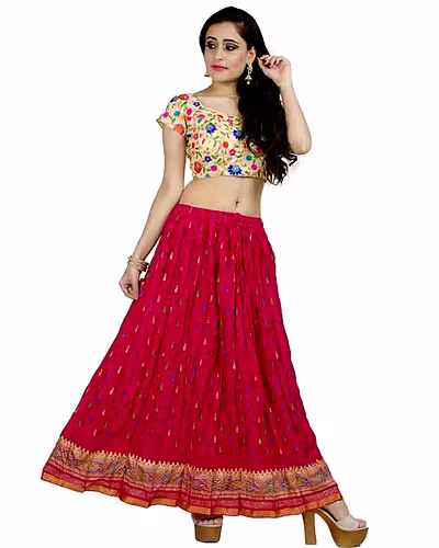 Chadrakala Women&#039;s Rayon Cotton Indian Crushed Flaire Long Maxi Skirt Multicolor Flower Print,Free Size, Pink (S103PIN)-CK124