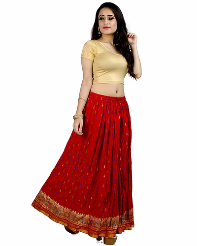 Chadrakala Women&#039;s Rayon Cotton Indian Crushed Flaire Long Maxi Skirt Multicolor Flower Print,Free Size, Red (S103RED)-CK125