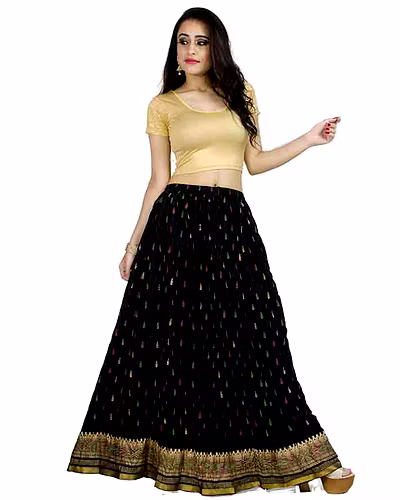 Chadrakala Women&#039;s Rayon Cotton Indian Crushed Flaire Long Maxi Skirt Multicolor Flower Print,Free Size, Black (S103BLA)-CK126