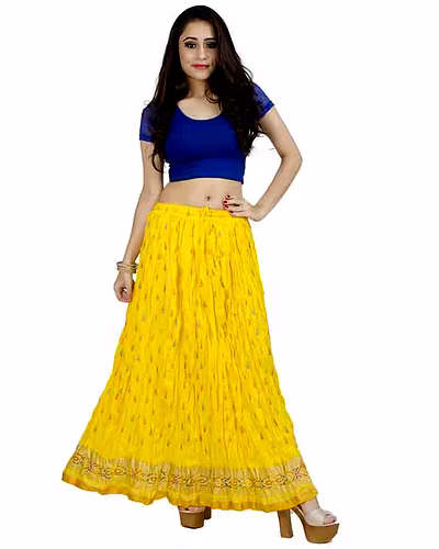 Chadrakala Women&#039;s Rayon Cotton Indian Crushed Flaire Long Maxi Skirt Multicolor Flower Print,Free Size, Yellow (S103YEL)-CK127