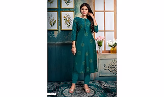 Silk Straight Long Green Kurti With Golden Print