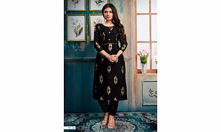 Silk Straight Long Black Kurti With Golden Print