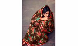 Brown Floral Print Chiffon Saree