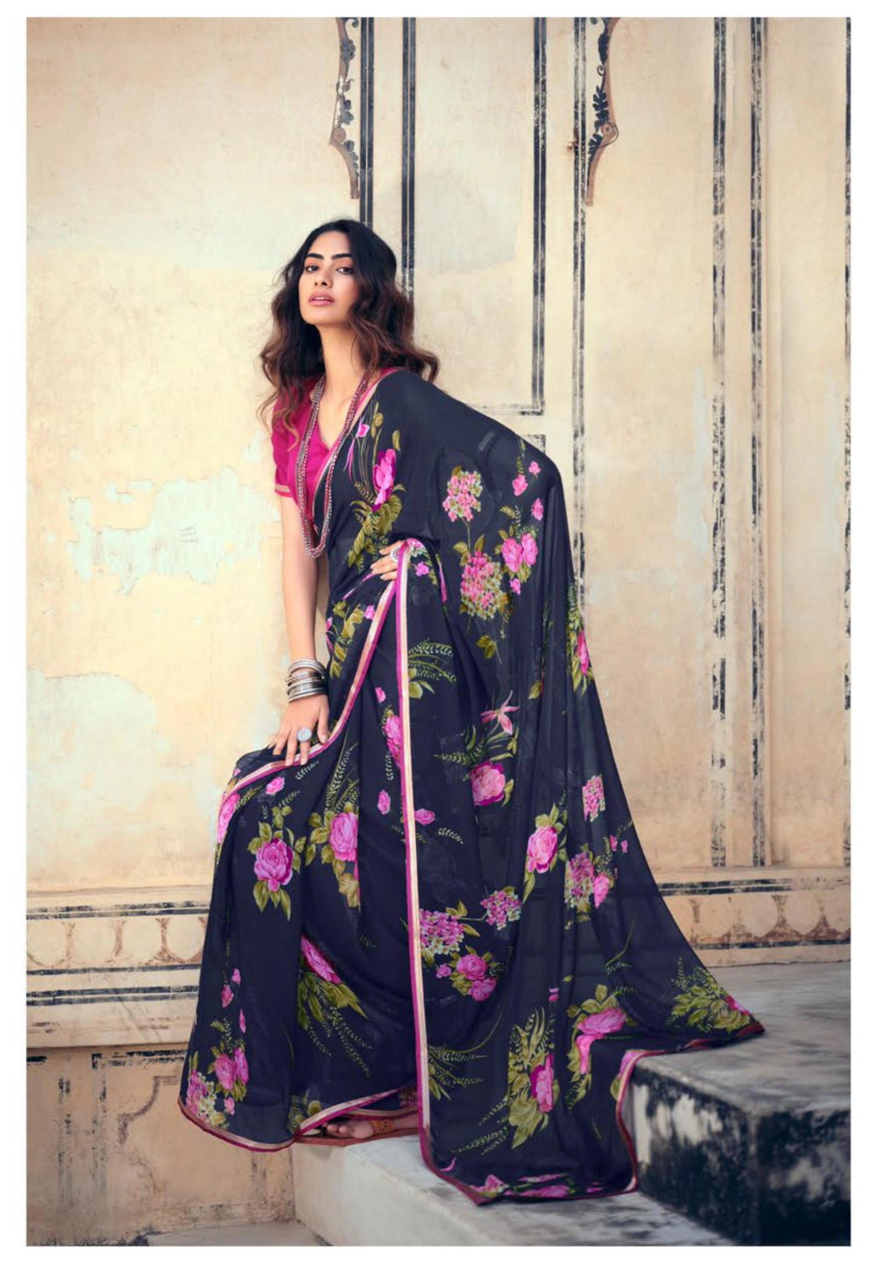 Navy Pink Floral Print Chiffon Saree-10802844