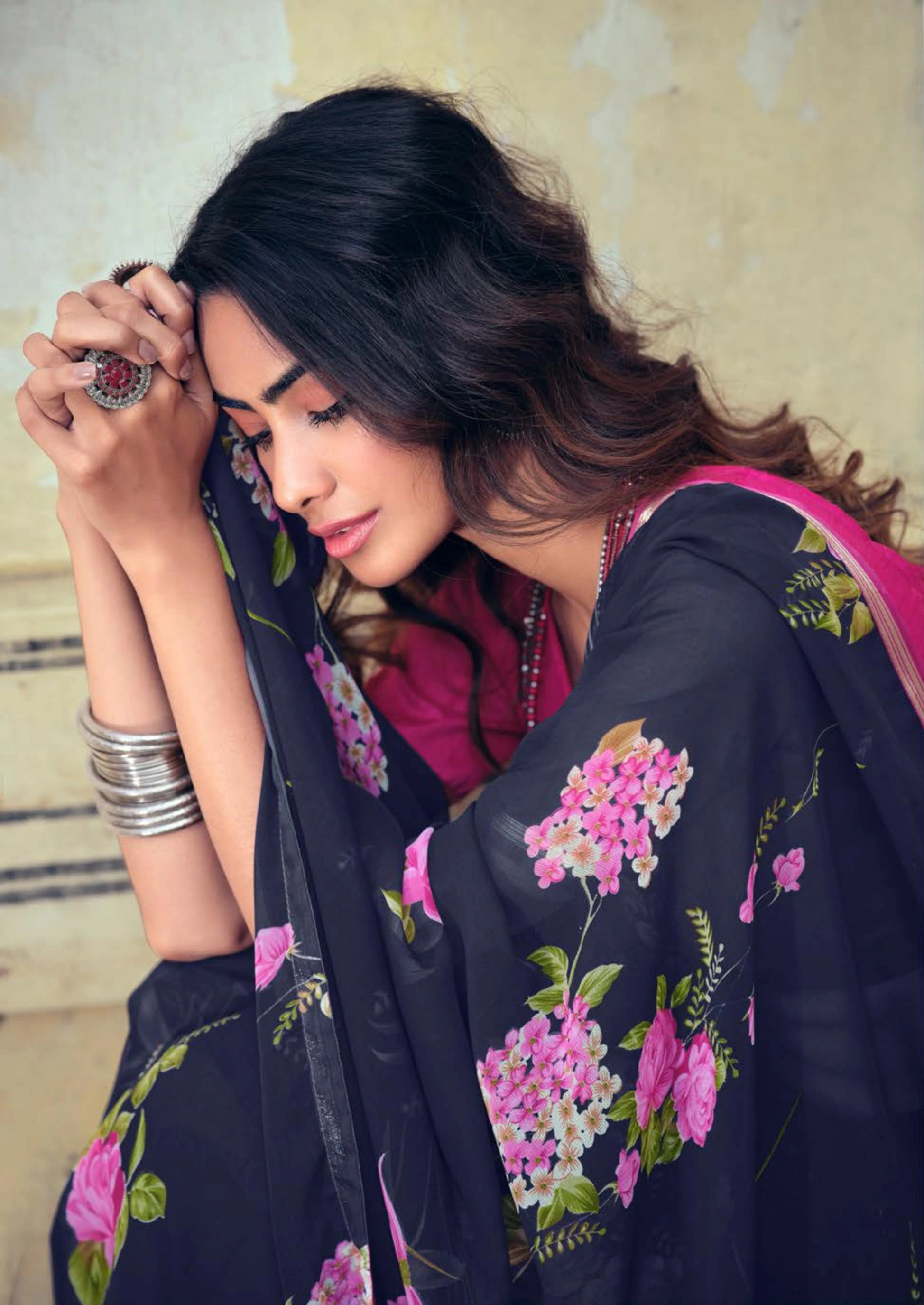 Navy Pink Floral Print Chiffon Saree-1