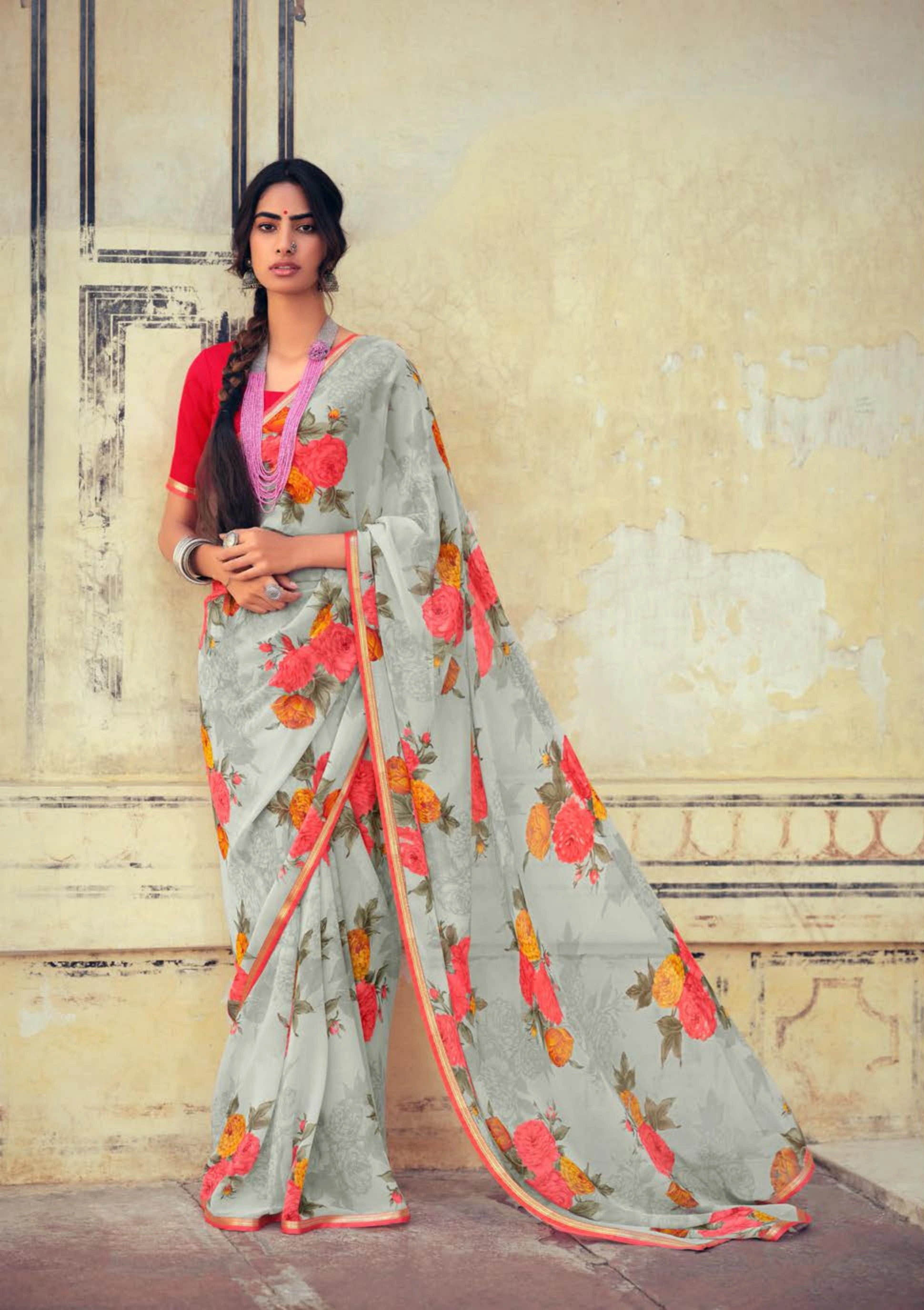 Gray Red Floral Print Chiffon Saree-10802850