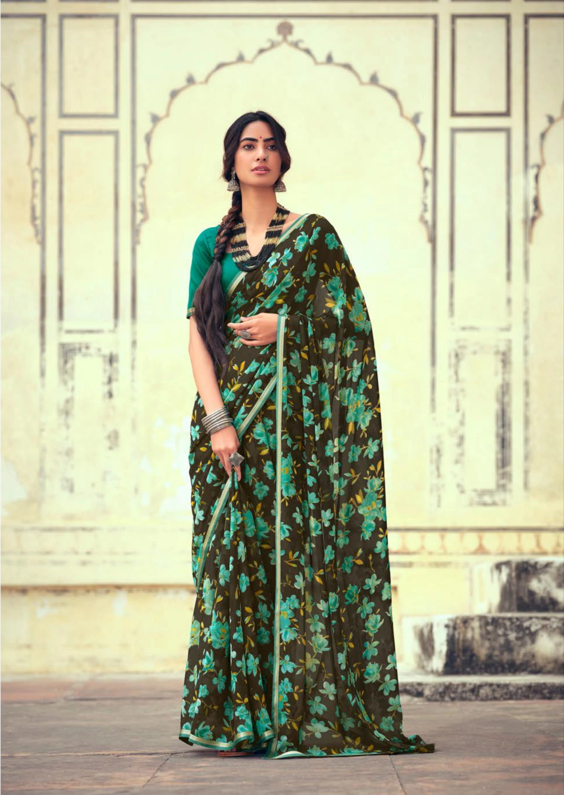 Olive Green Floral Print Chiffon Saree-10802852