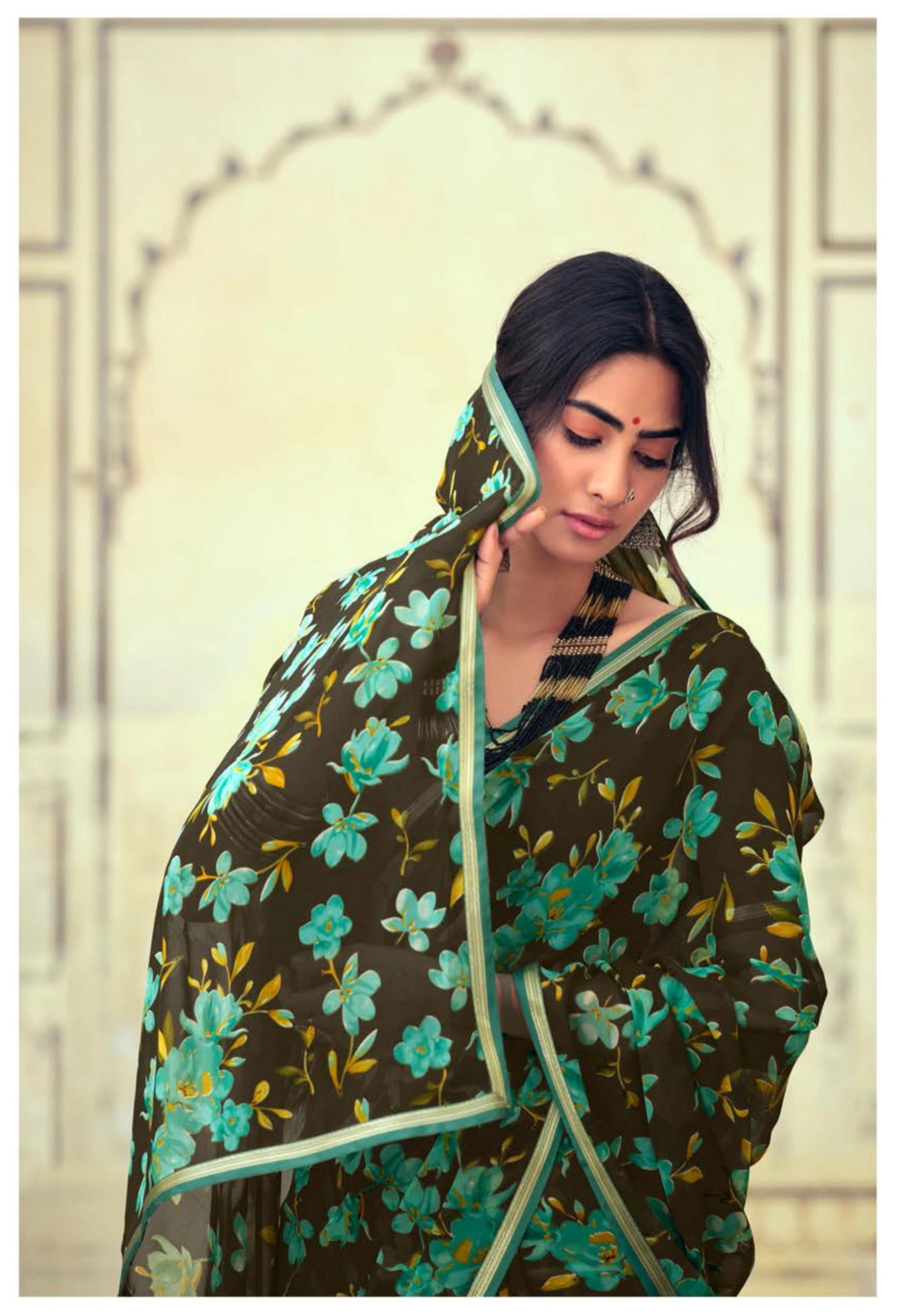 Olive Green Floral Print Chiffon Saree-1