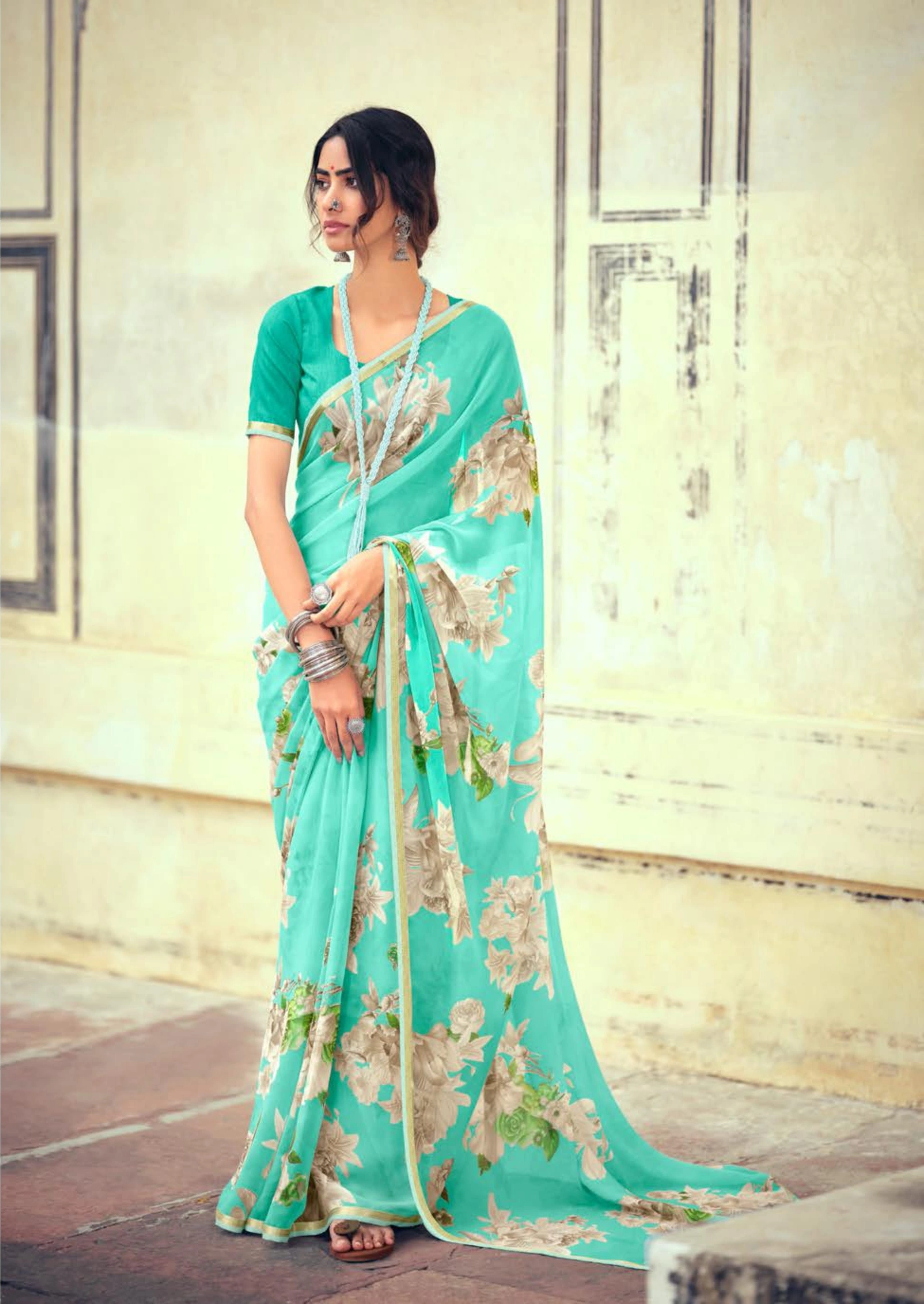 Seafoam Green Floral Print Chiffon Saree-10802856