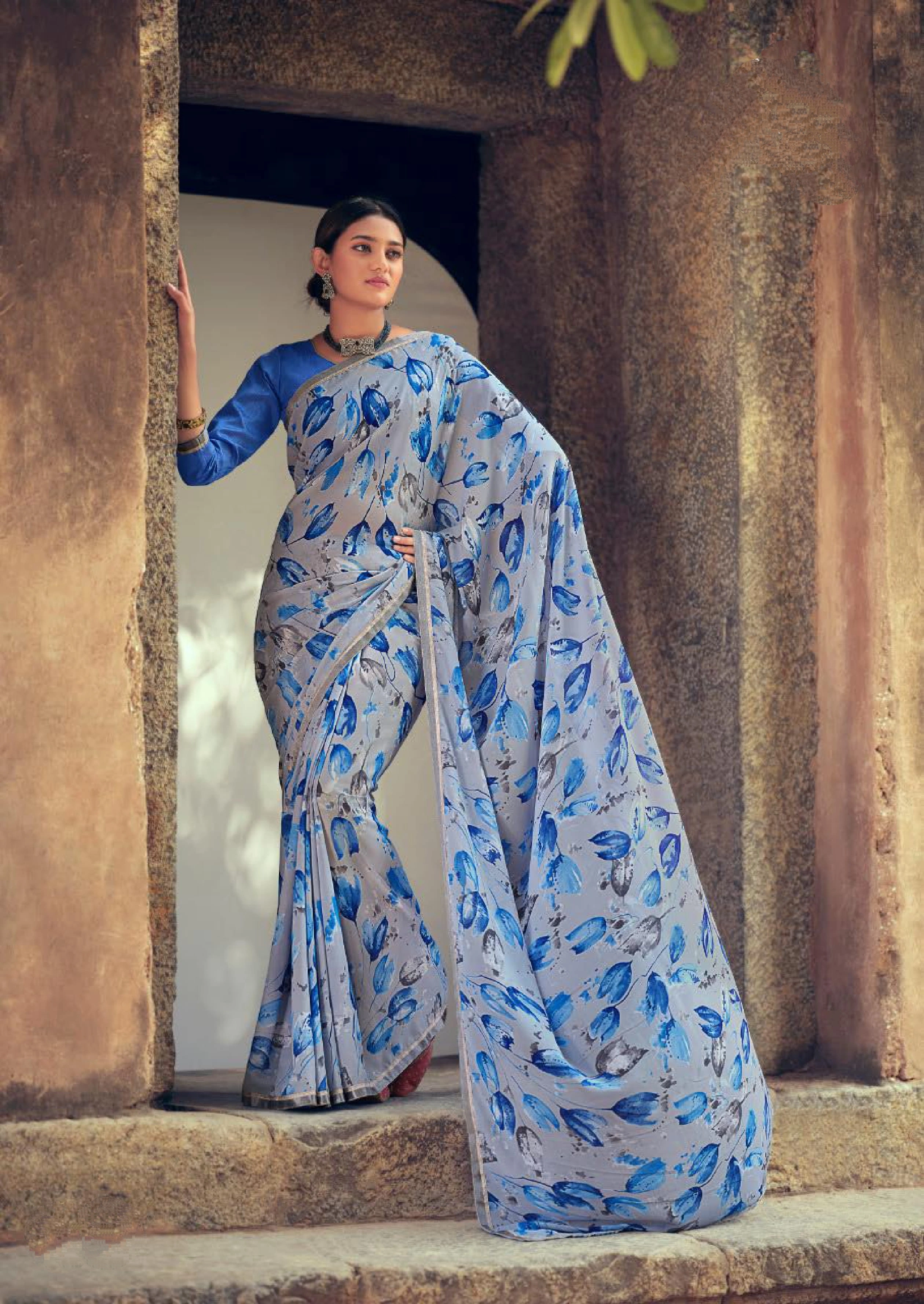 Sky Blue Floral Print Soft Georgette Saree-10834474