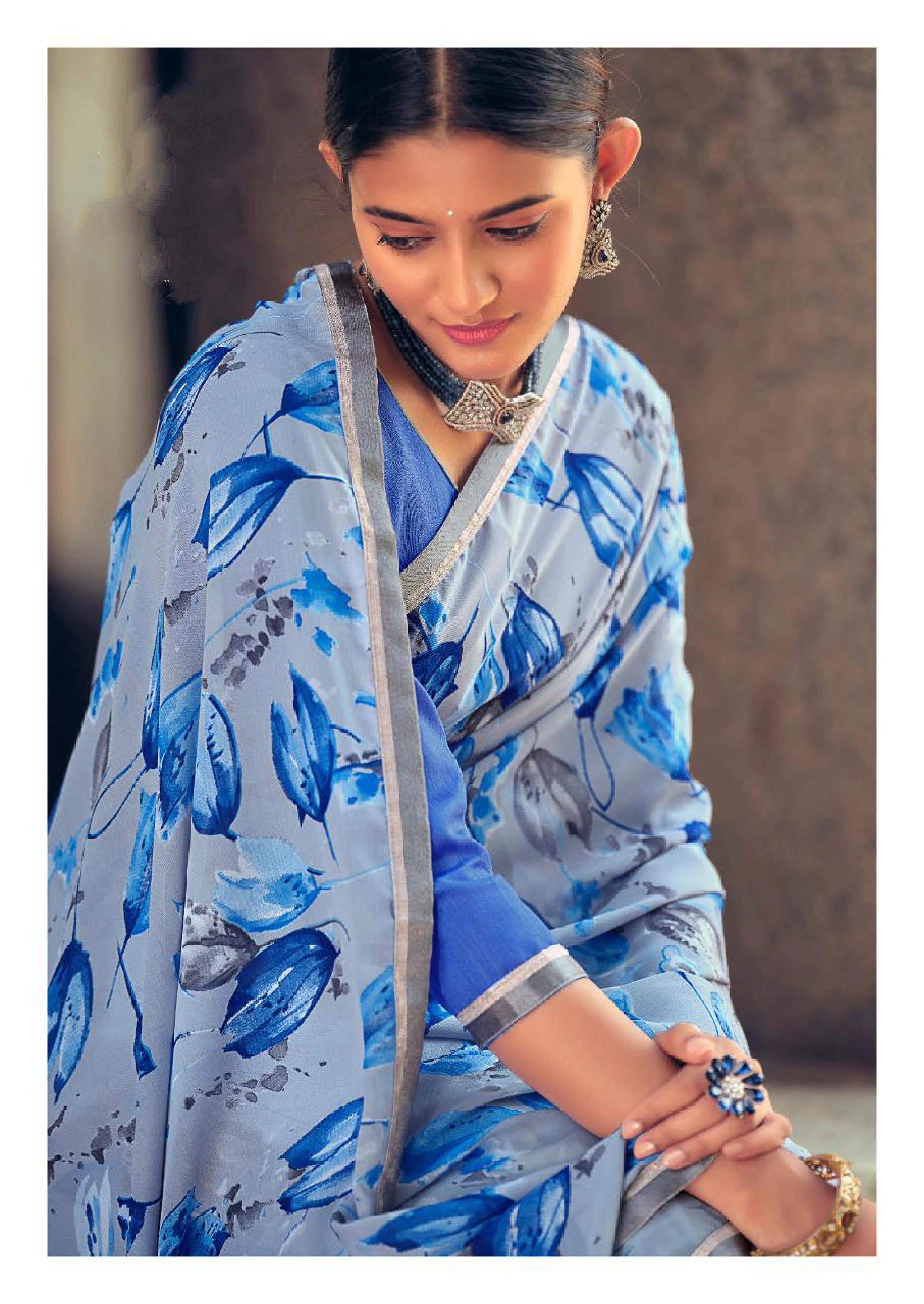 Sky Blue Floral Print Soft Georgette Saree-1