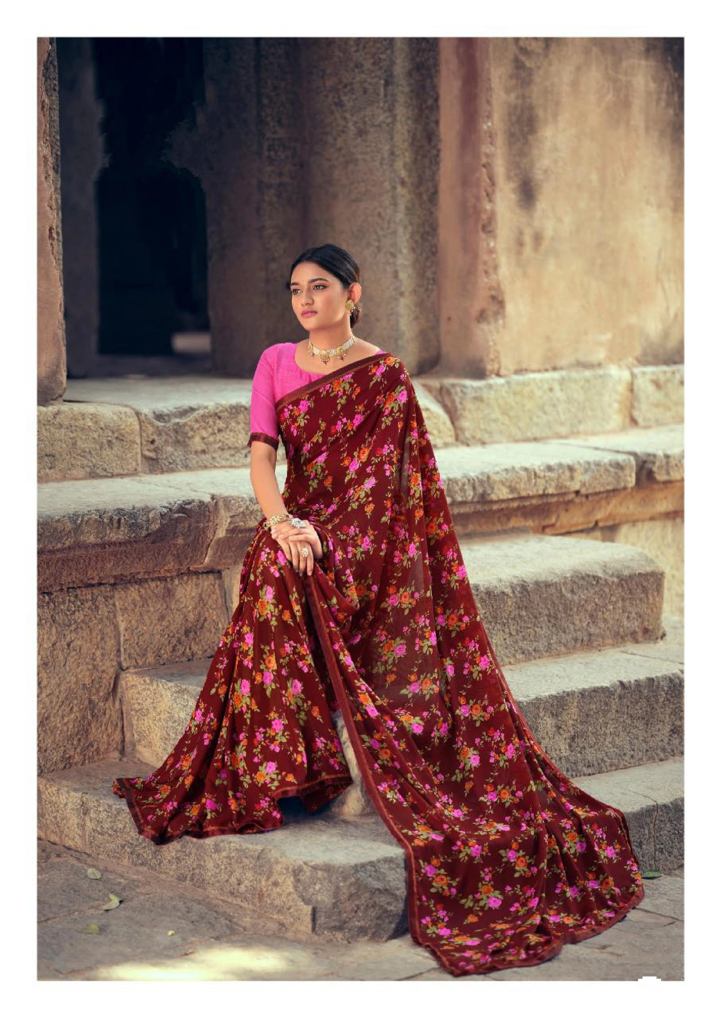 Brown Floral Print Soft Georgette Saree-1