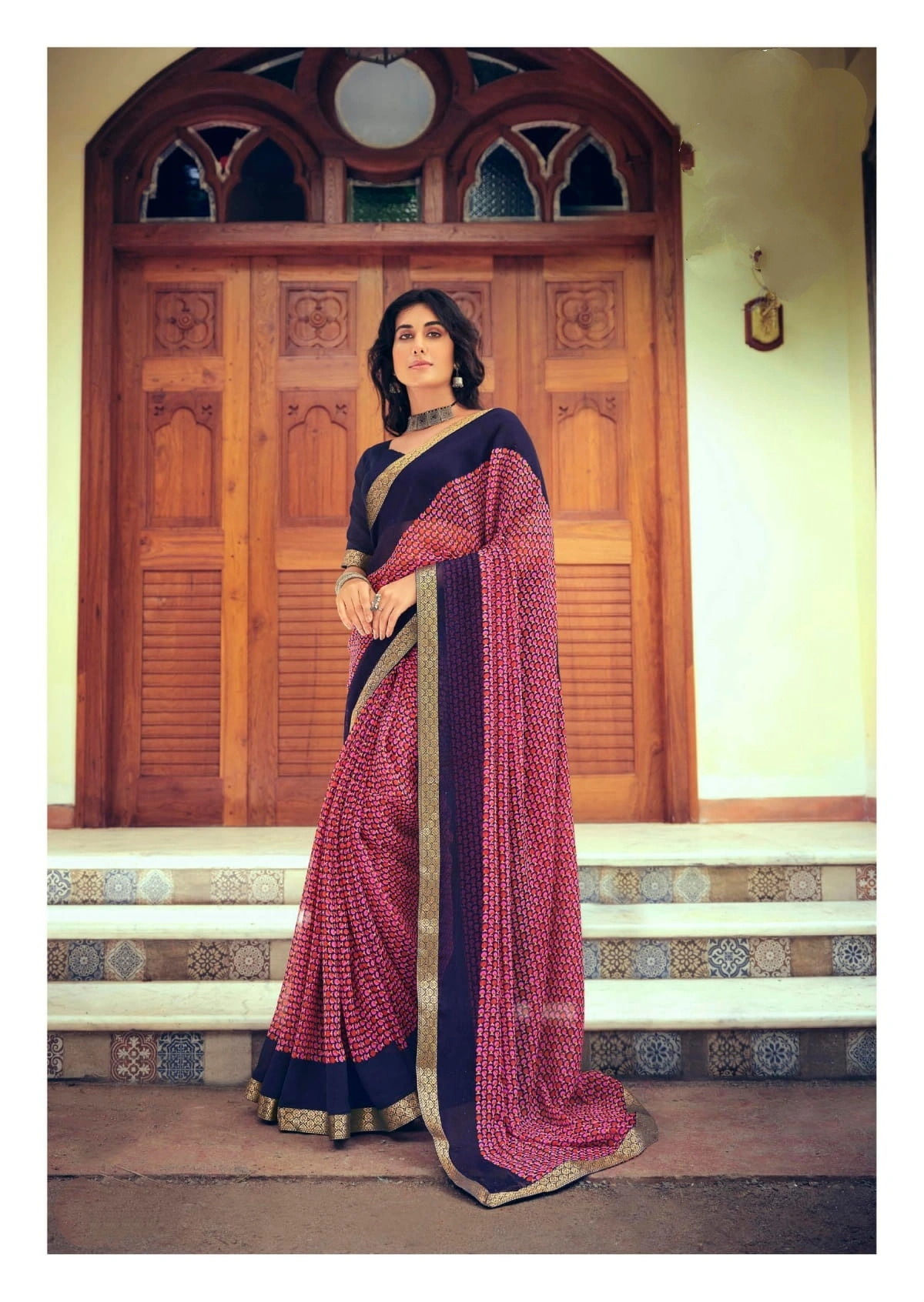 Red Colour Floral Print Chiffon Saree-10865192