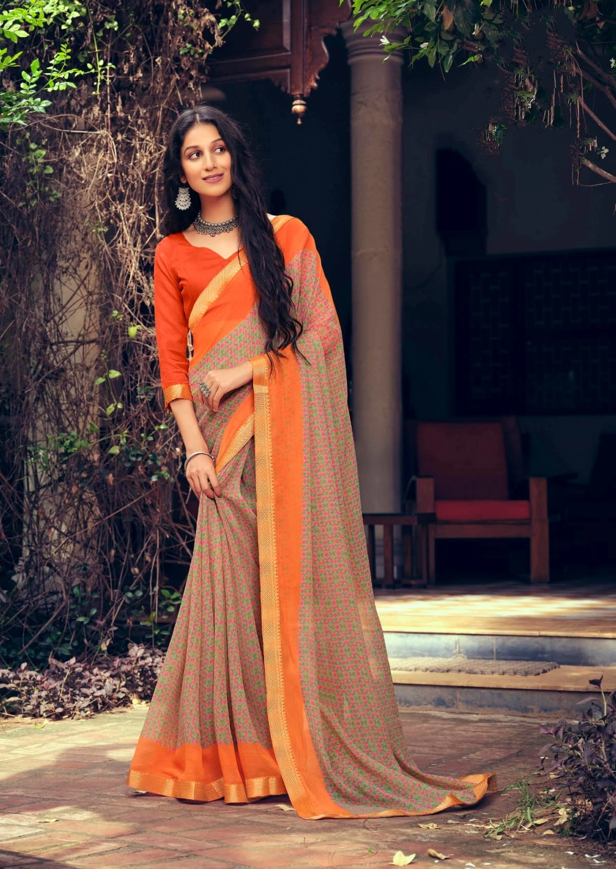 Orange Colour Floral Print Chiffon Saree-10865196