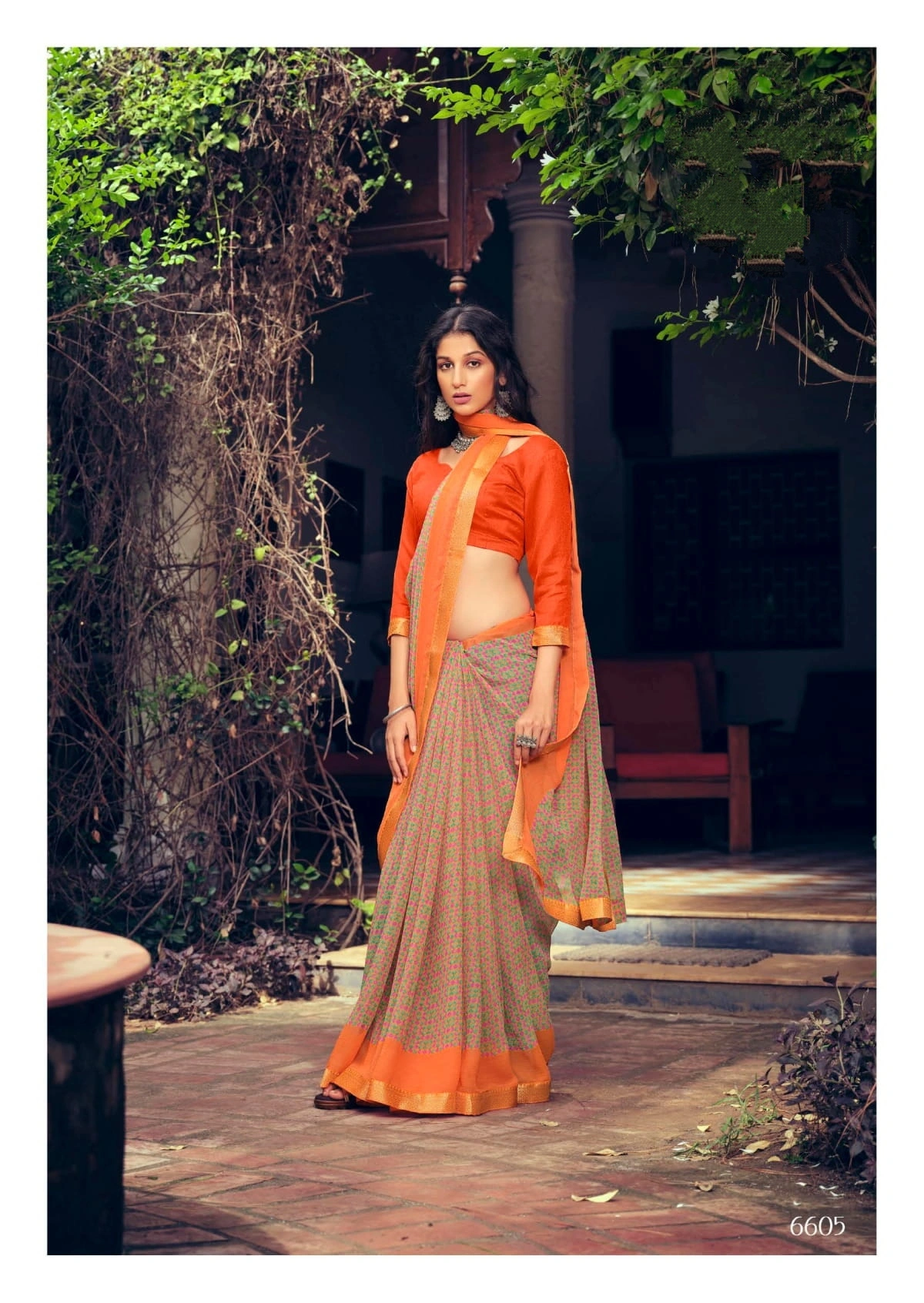 Orange Colour Floral Print Chiffon Saree-1