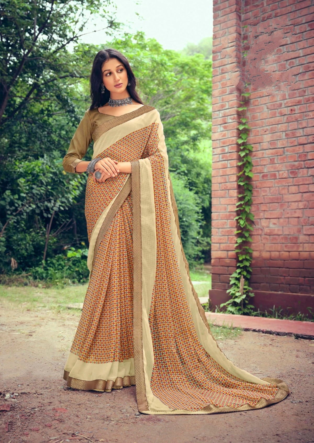 Mustard Colour Floral Print Chiffon Saree-10865202