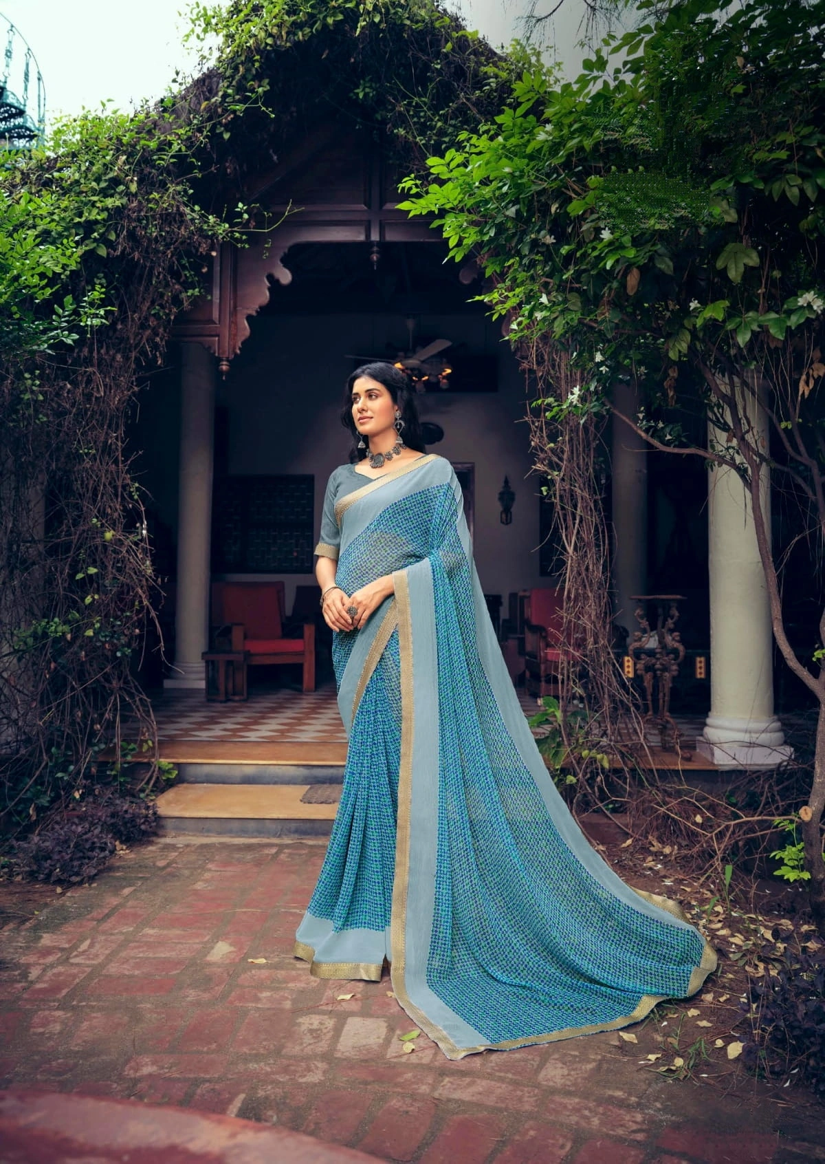 Sky Blue Colour Floral Print Chiffon Saree-10865206