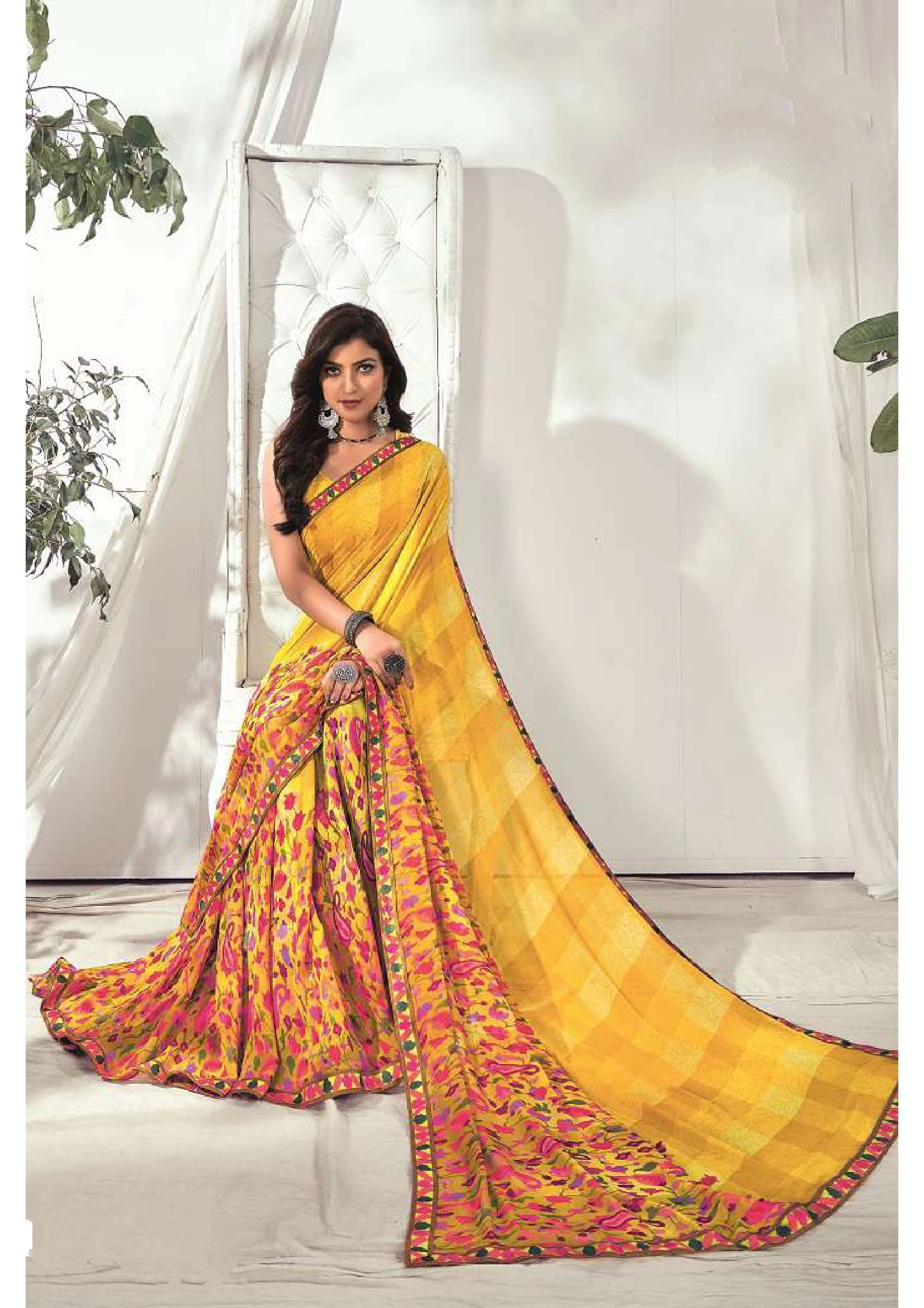 Yellow Pink Floral Print Soft Weightless Saree-11233036