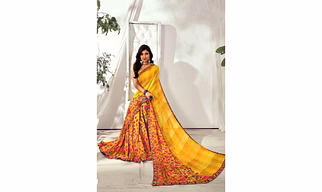 Yellow Pink Floral Print Soft Weightless Saree