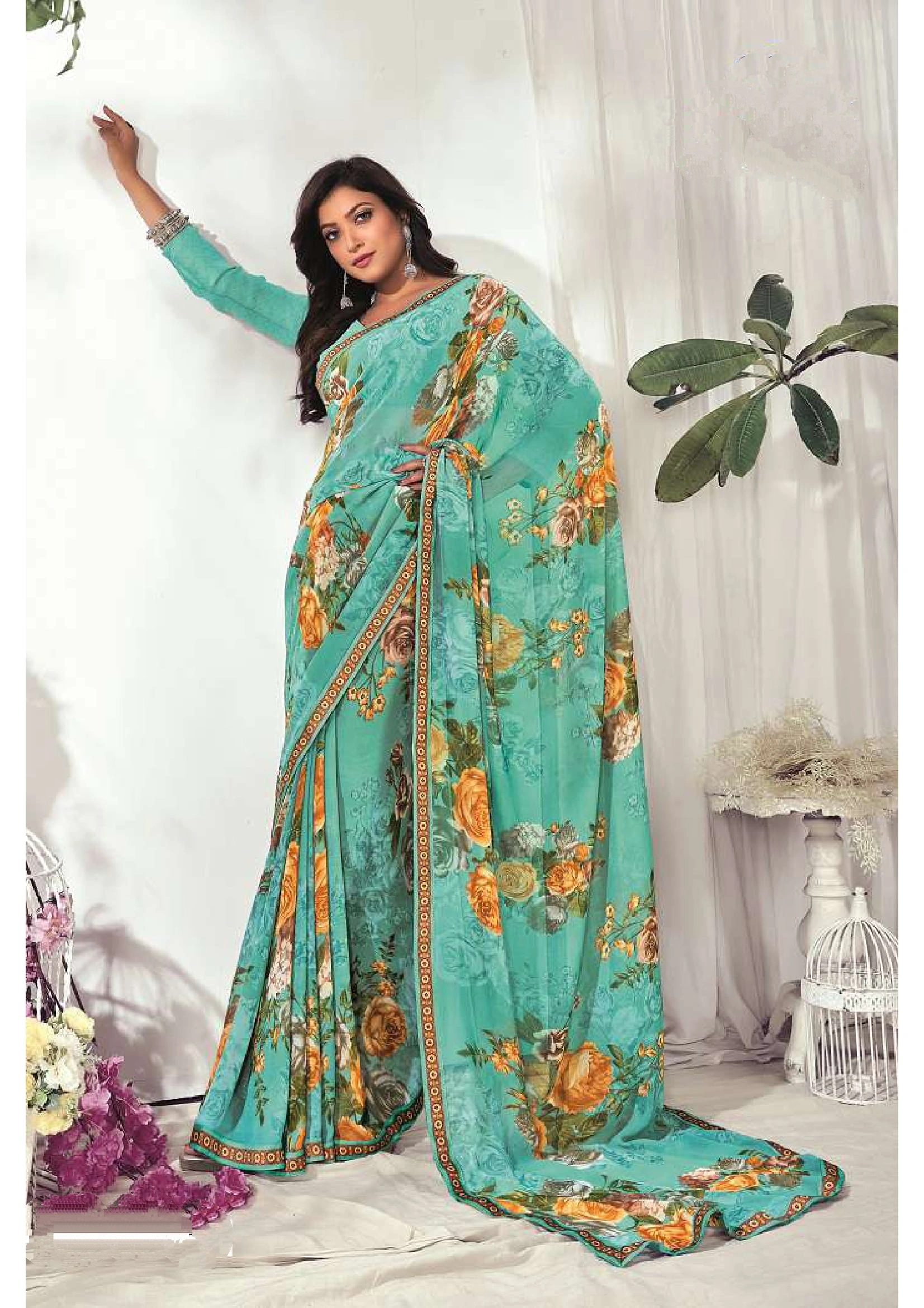 Green Colour Floral Print Soft Weightless Saree-11233052