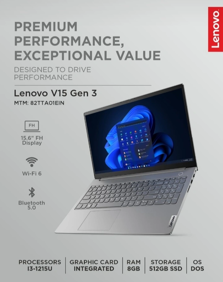 Lenovo V15 (Corei3 12th Genration/8GB RAM DDR-4/512GB SSD/15.6 ANTIGLARE /DOS/1YEAR ADP)-1