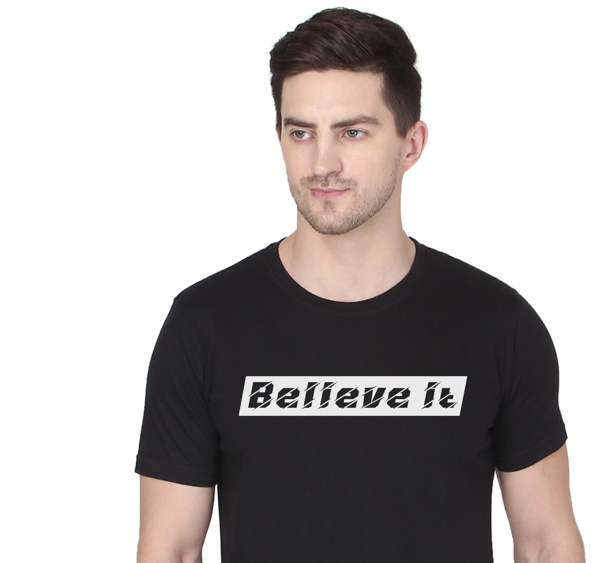 268 BCE Believe It Printed Men Round Neck Black T-shirt-Black-L-1