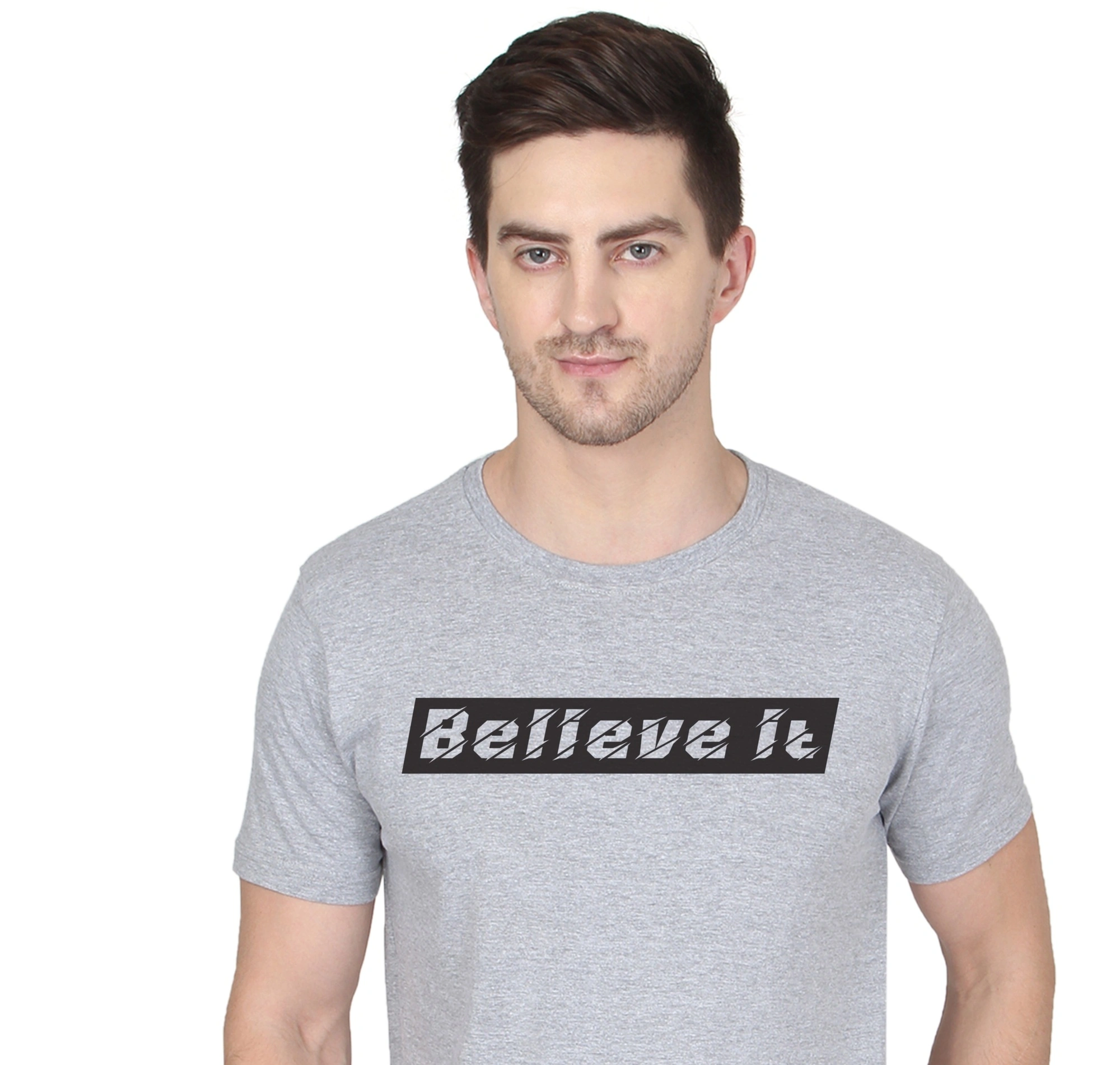 268 BCE Believe It Printed Men Round Neck Grey T-shirt-Grey-S-1