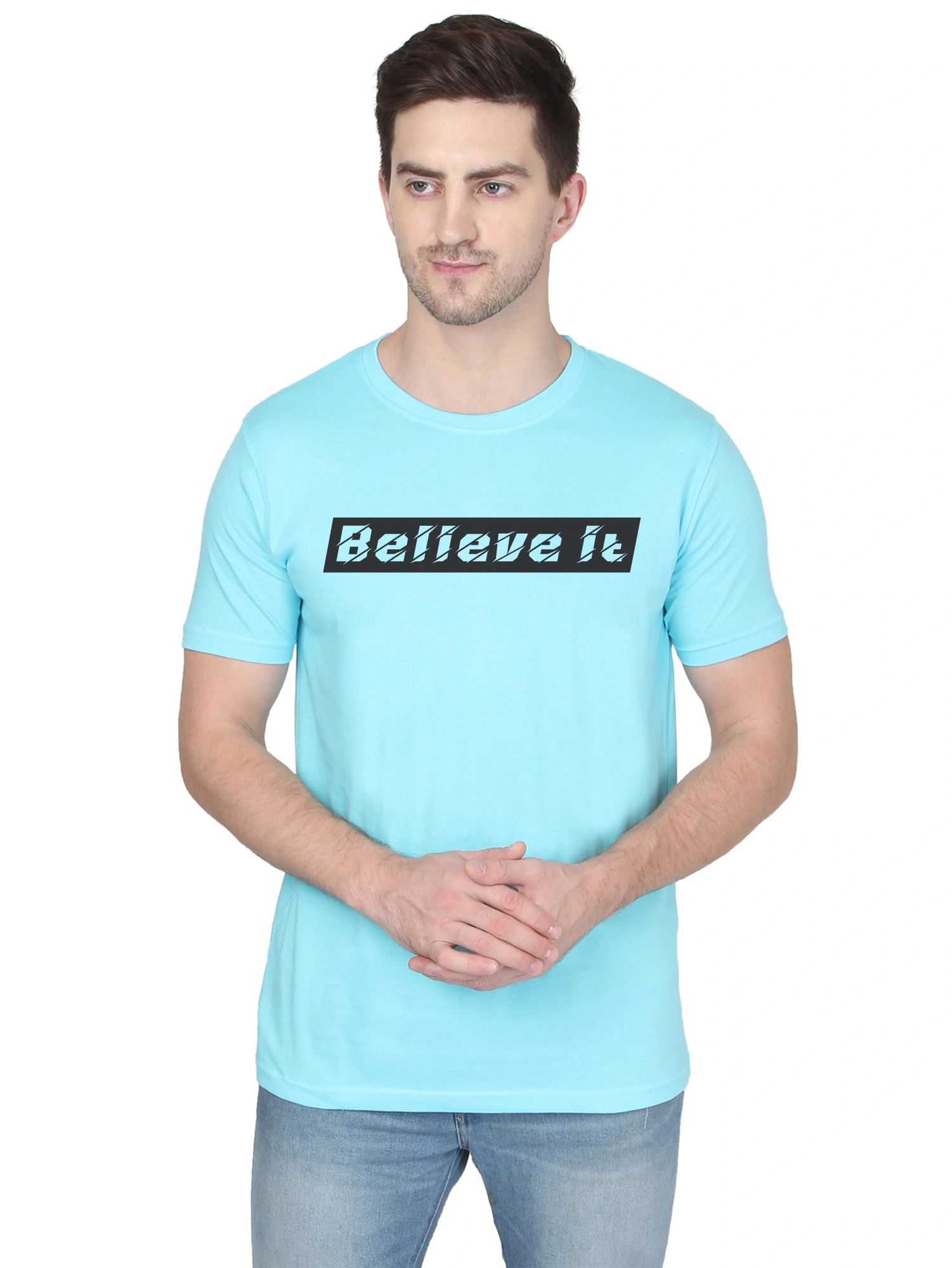 268 BCE Believe It Printed Men Round Neck Sky Blue T-shirt-FC-P-SB3-L