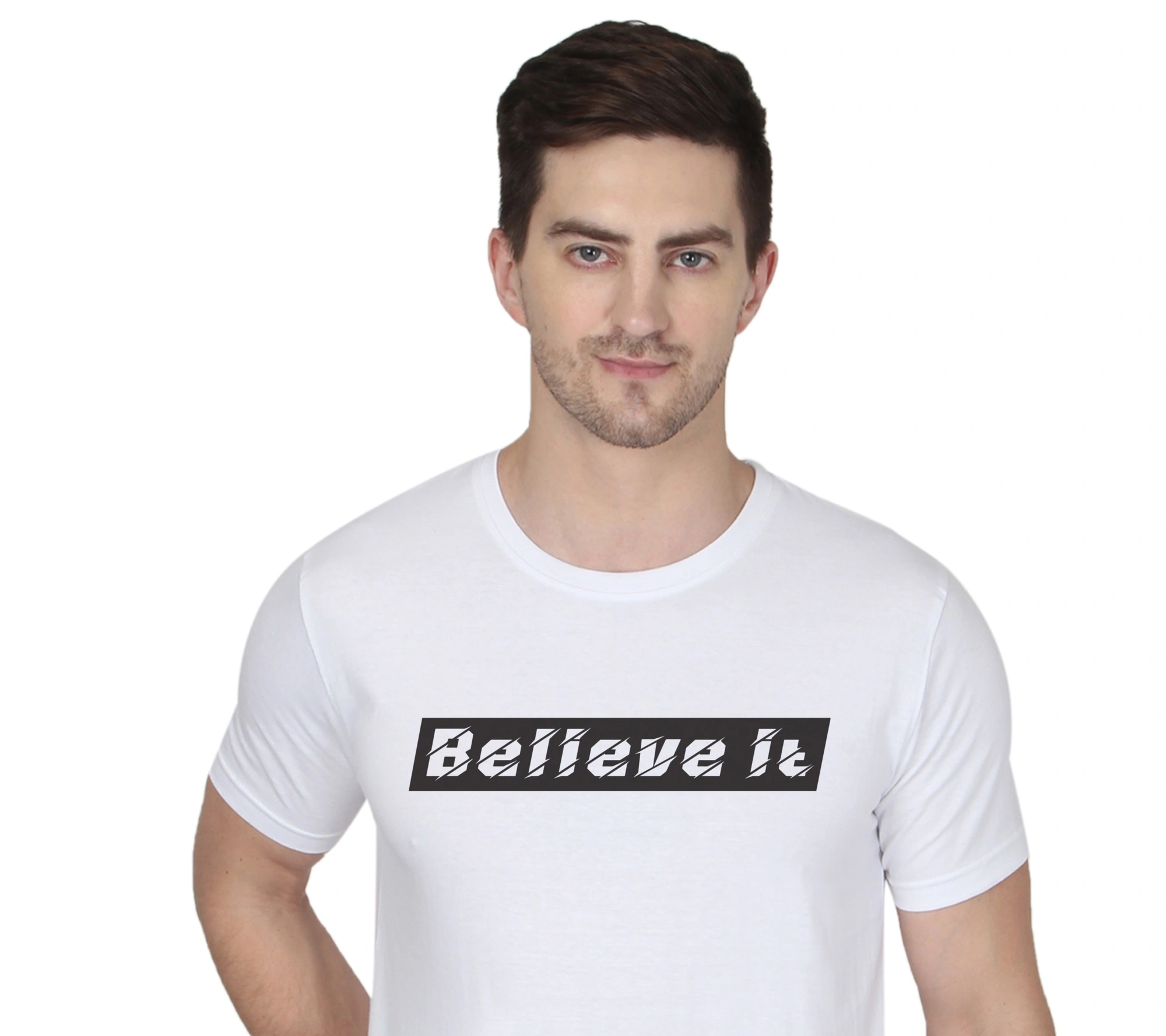 268 BCE Believe It Printed Men Round Neck White T-shirt-White-L-1