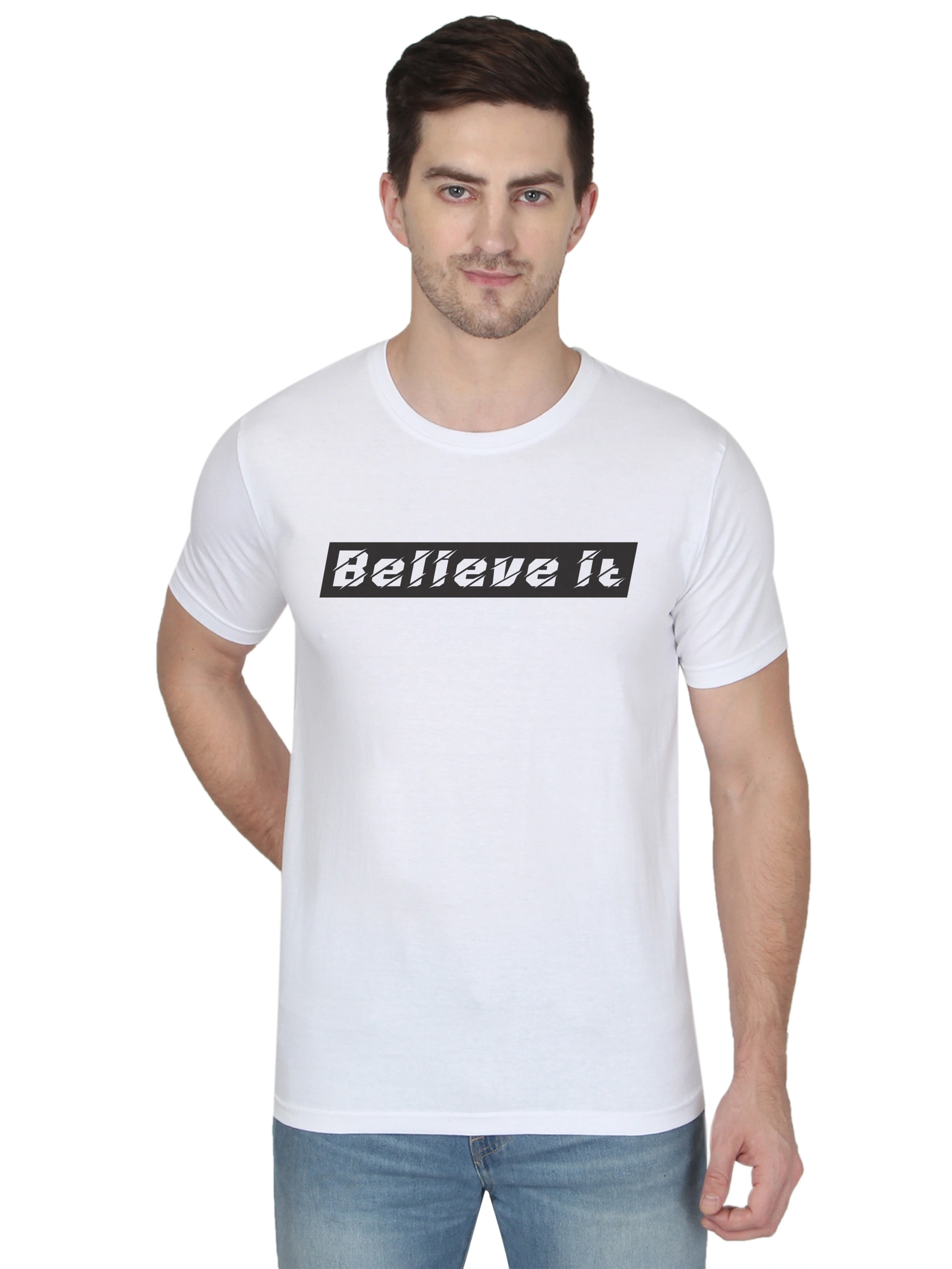 268 BCE Believe It Printed Men Round Neck White T-shirt-FC-P-W3-S