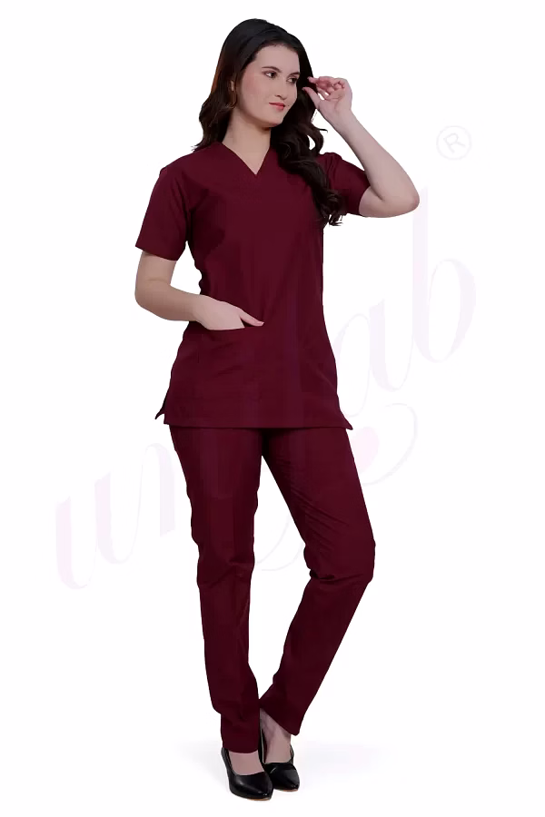 unifab medical scrub manufacturer | medical scrub female plain maroon for bulk b2b supply