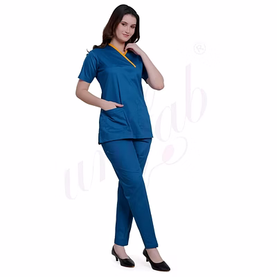 unifab medical scrub manufacturer | medical scrub female caribbean blue with yellow trim for bulk b2b supply